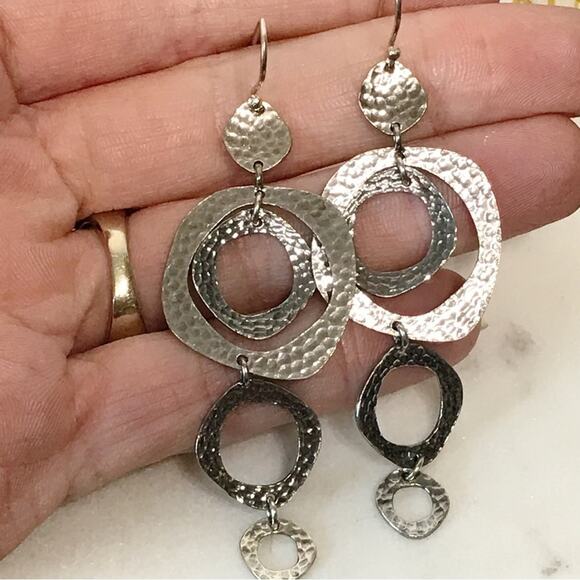 Signed M Sterling Silver 3in Long Dangle Drop Hammered Abstract Circle Earrings - Picture 11 of 14